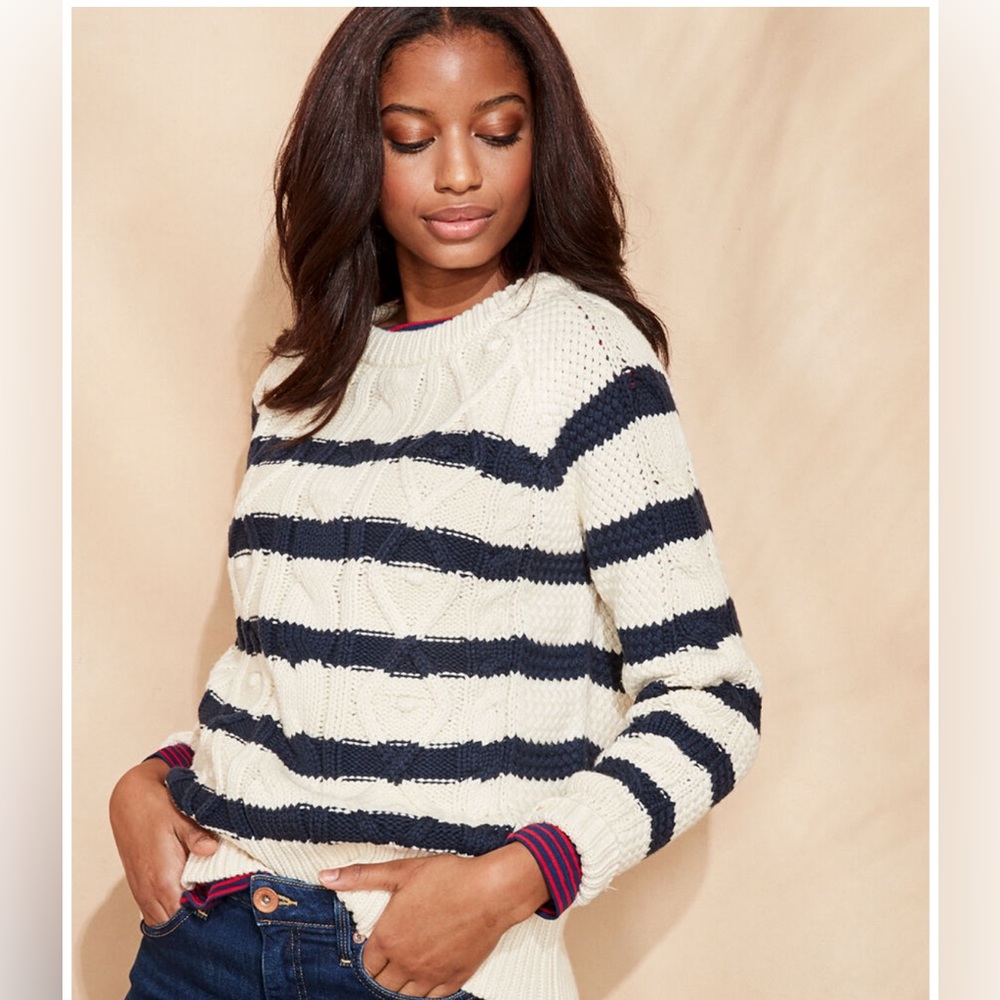 Vineyard Vines navy cream striped crewneck fisherman chunky sweater M